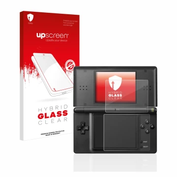 Front side of a product packaging with the brand logo upscreen. Next to it is the device Nintendo DS LITE shown with the corre