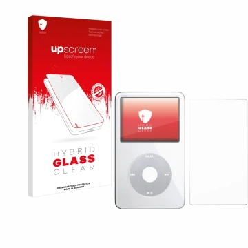 Front side of a product packaging with the brand logo upscreen. Next to it is the device Apple iPod Classic Video (Front+Back)