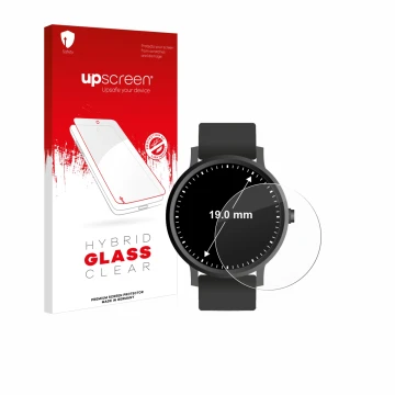 Front side of a product packaging with the brand logo upscreen. Next to it is the device Watches (Circular, ø: 19 mm) shown wi
