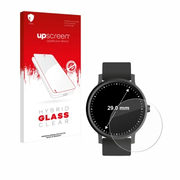 Front side of a product packaging with the brand logo upscreen. Next to it is the device Watches (Circular, ø: 29 mm) shown wi