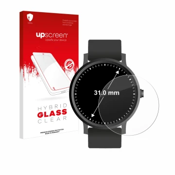 Front side of a product packaging with the brand logo upscreen. Next to it is the device Watches (circular, ø: 31 mm) shown wi