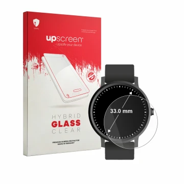 Front side of a product packaging with the brand logo upscreen. Next to it is the device Watches (Circular, ø: 33 mm) shown wi