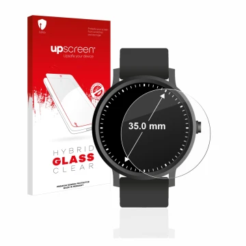 Front side of a product packaging with the brand logo upscreen. Next to it is the device Watches (Circular, ø: 35 mm) shown wi