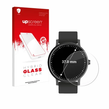 Front side of a product packaging with the brand logo upscreen. Next to it is the device Watches (Circular, ø: 37 mm) shown wi