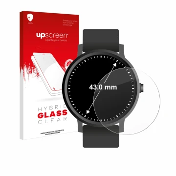 Front side of a product packaging with the brand logo upscreen. Next to it is the device Watches (Circular, ø: 43 mm) shown wi