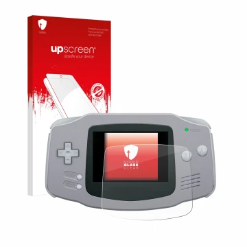 Front side of a product packaging with the brand logo upscreen. Next to it is the device Nintendo Gameboy Advance GBA shown wi
