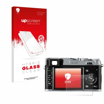 Front side of a product packaging with the brand logo upscreen. Next to it is the device Fujifilm FinePix X100 shown with the 