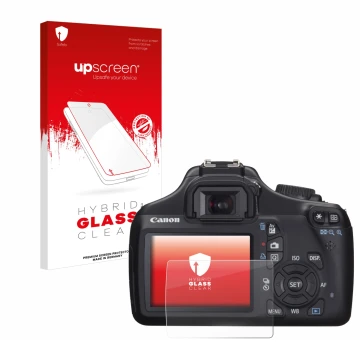 Front side of a product packaging with the brand logo upscreen. Next to it is the device Canon EOS 1100D shown with the corres