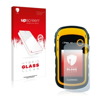 Front side of a product packaging with the brand logo upscreen. Next to it is the device Garmin eTrex 10 shown with the corres