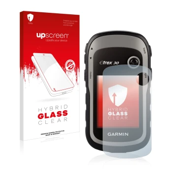Front side of a product packaging with the brand logo upscreen. Next to it is the device Garmin eTrex 30 shown with the corres