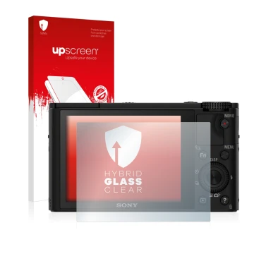 Front side of a product packaging with the brand logo upscreen. Next to it is the device Sony Cyber-Shot DSC-RX100 shown with 