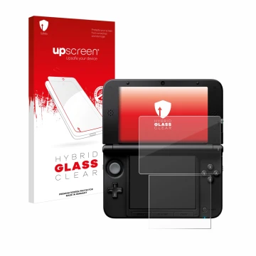 Front side of a product packaging with the brand logo upscreen. Next to it is the device Nintendo 3DS XL SPM7800 shown with th
