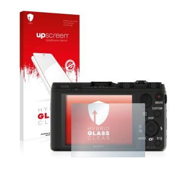 Front side of a product packaging with the brand logo upscreen. Next to it is the device Sony Cyber-Shot DSC-HX50V shown with 