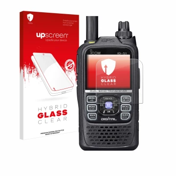 Front side of a product packaging with the brand logo upscreen. Next to it is the device Icom ID-51 shown with the correspondi