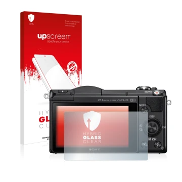 Front side of a product packaging with the brand logo upscreen. Next to it is the device Sony Alpha 5000 (DSLR-A5000) shown wi