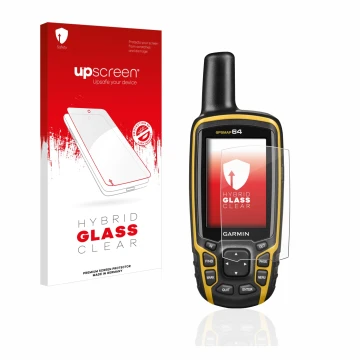 Front side of a product packaging with the brand logo upscreen. Next to it is the device Garmin GPSMAP 64 shown with the corre