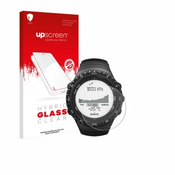 Front side of a product packaging with the brand logo upscreen. Next to it is the device Suunto Core Regular Black shown with 