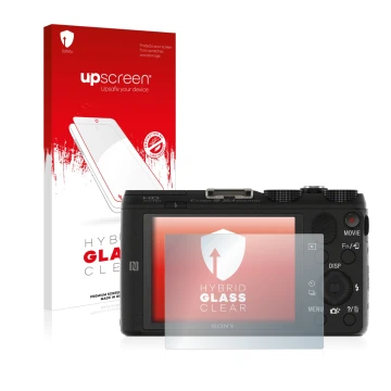 Front side of a product packaging with the brand logo upscreen. Next to it is the device Sony Cyber-Shot DSC-HX60V shown with 