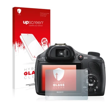 Front side of a product packaging with the brand logo upscreen. Next to it is the device Sony Cyber-Shot DSC-HX400V shown with