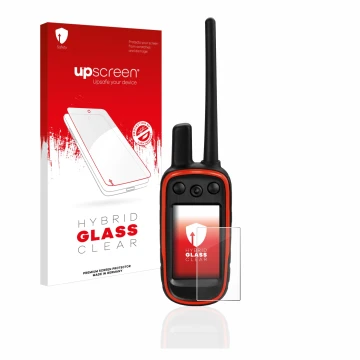 Front side of a product packaging with the brand logo upscreen. Next to it is the device Garmin Alpha 100 shown with the corre