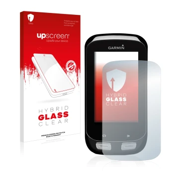 Front side of a product packaging with the brand logo upscreen. Next to it is the device Garmin Edge 1000 shown with the corre
