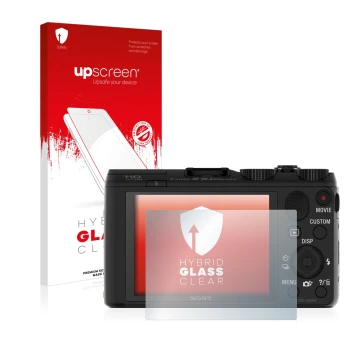 Front side of a product packaging with the brand logo upscreen. Next to it is the device Sony Cyber-Shot DSC-HX50 shown with t