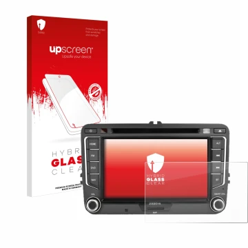 Front side of a product packaging with the brand logo upscreen. Next to it is the device Zenec E>Go 7