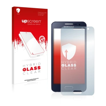 Front side of a product packaging with the brand logo upscreen. Next to it is the device Samsung Galaxy A3 2015 shown with the