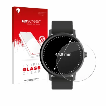 Front side of a product packaging with the brand logo upscreen. Next to it is the device Watches (Circular, ø: 44 mm) shown wi