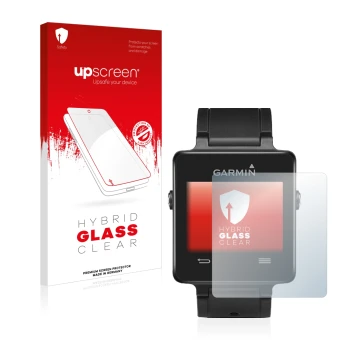 Front side of a product packaging with the brand logo upscreen. Next to it is the device Garmin vivoactive shown with the corr