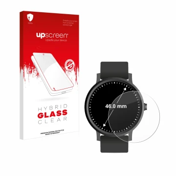 Front side of a product packaging with the brand logo upscreen. Next to it is the device Watches (Circular, ø: 46 mm) shown wi