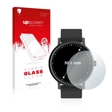 Front side of a product packaging with the brand logo upscreen. Next to it is the device Watches (Circular, ø: 50 mm) shown wi