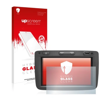 Front side of a product packaging with the brand logo upscreen. Next to it is the device Dacia Media Nav shown with the corres