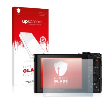 Front side of a product packaging with the brand logo upscreen. Next to it is the device Sony Cyber-Shot DSC-HX90V shown with 