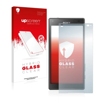 Front side of a product packaging with the brand logo upscreen. Next to it is the device Sony Xperia Z5 Compact shown with the