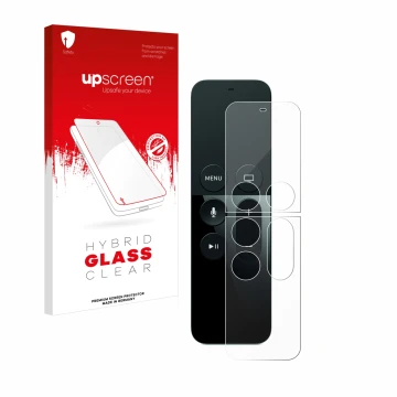 Front side of a product packaging with the brand logo upscreen. Next to it is the device Apple Remote Control Apple TV 4 shown