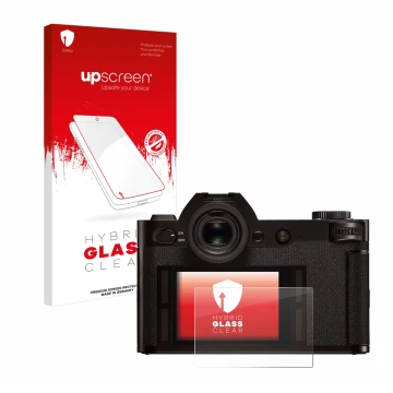 Front side of a product packaging with the brand logo upscreen. Next to it is the device Leica SL (Typ 601) shown with the cor