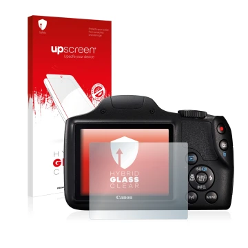 Front side of a product packaging with the brand logo upscreen. Next to it is the device Canon PowerShot SX540 HS shown with t