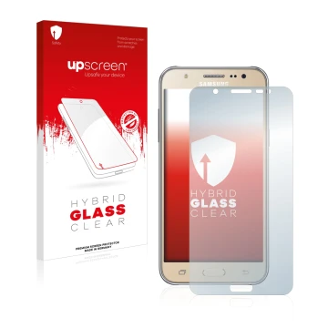 Front side of a product packaging with the brand logo upscreen. Next to it is the device Samsung Galaxy J7 2016 shown with the