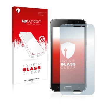 Front side of a product packaging with the brand logo upscreen. Next to it is the device Samsung Galaxy J3 Duos 2016 shown wit