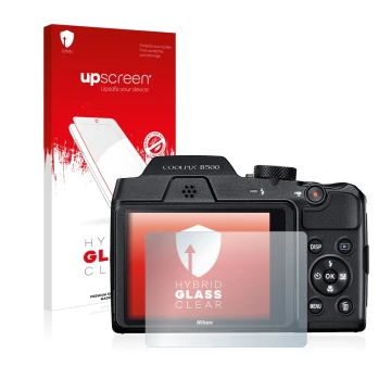 Front side of a product packaging with the brand logo upscreen. Next to it is the device Nikon Coolpix B500 shown with the cor