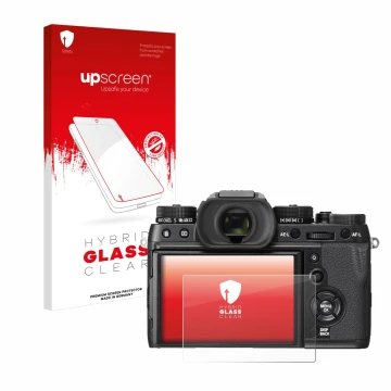 Front side of a product packaging with the brand logo upscreen. Next to it is the device Fujifilm X-T2 shown with the correspo