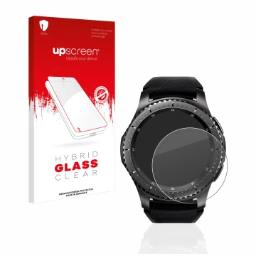 Front side of a product packaging with the brand logo upscreen. Next to it is the device Samsung Gear S3 Frontier shown with t