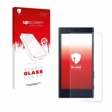 Front side of a product packaging with the brand logo upscreen. Next to it is the device Sony Xperia X Compact shown with the 