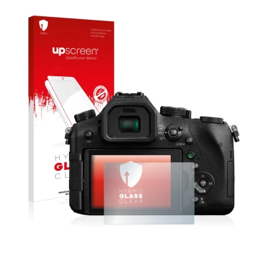 Front side of a product packaging with the brand logo upscreen. Next to it is the device Panasonic Lumix DMC-FZ2000 shown with
