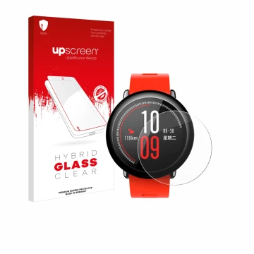 Front side of a product packaging with the brand logo upscreen. Next to it is the device Huami Amazfit Pace shown with the cor