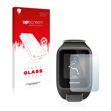 Front side of a product packaging with the brand logo upscreen. Next to it is the device TomTom Runner 3 shown with the corres