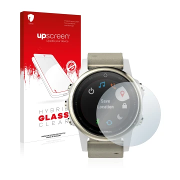 Front side of a product packaging with the brand logo upscreen. Next to it is the device Garmin Fenix 5S (42 mm) shown with th