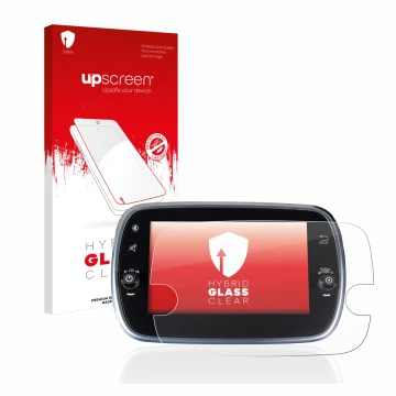 Front side of a product packaging with the brand logo upscreen. Next to it is the device Fiat 500 Abarth Uconnet 7
