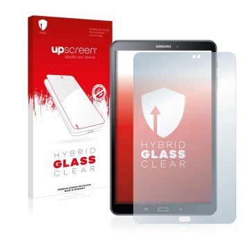 Front side of a product packaging with the brand logo upscreen. Next to it is the device Samsung Galaxy Tab A 10.1 2016 shown 